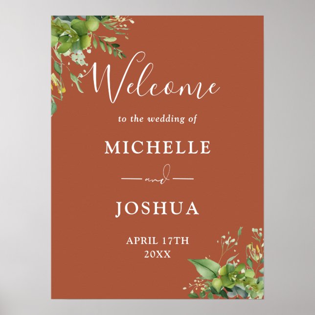 Eukalyptus Floral Terracotta Hochzeit Begrüßung Poster (Vorne)