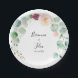 Eukalyptus Floral Wedding Cake Pappteller<br><div class="desc">Diese zeitgenössische eukalyptus florale Hochzeitskuchen Papierteller ist perfekt für eine einfache Hochzeitsfeier. Das Design zeichnet sich durch Aquarellfarben,  lila,  rot,  bordo und bordeauxfarbene zauberhafte Ponys mit grünen Eukalyptus-Blätter,  inspirierend künstlerische Schönheit. Machen Sie es sich selbst,  indem Sie die Namen der Braut und Bräutigam und Hochzeitstag.</div>