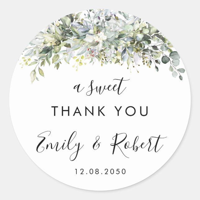 Eukalyptus Floral Wedding Classic Round Sticker (Vorderseite)