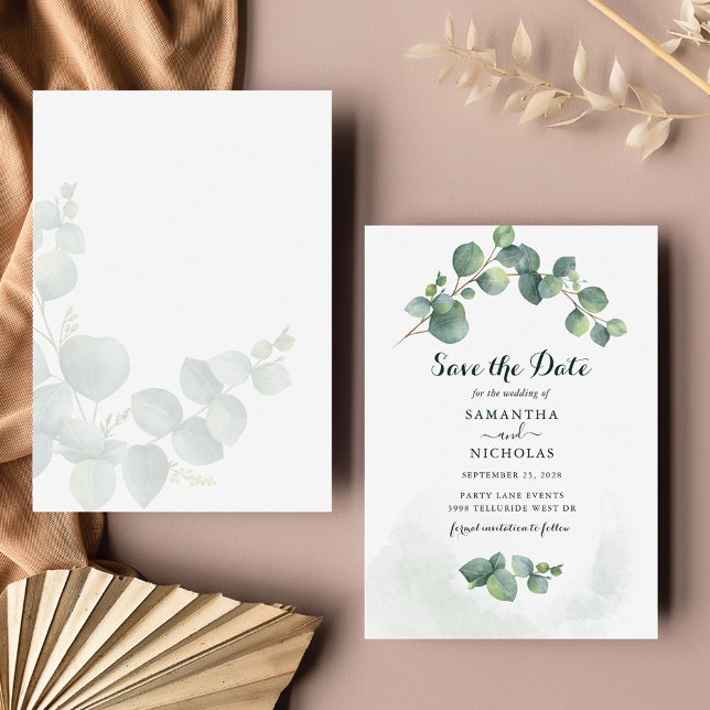 Eukalyptus Floral Wedding Save the Date Mitteilungskarte (Eucalyptus Foliage Script  Wedding Save the Date Card)