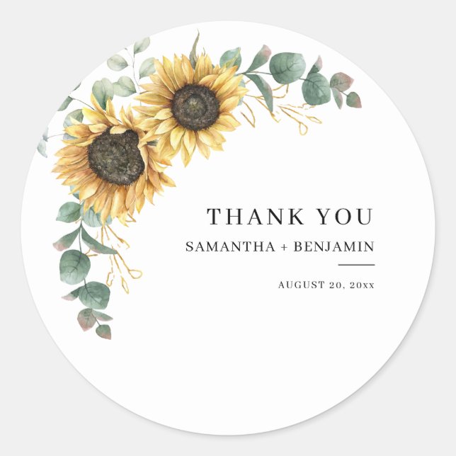Eukalyptus floral Wedding Sunflower Vielen Dank Runder Aufkleber (Vorderseite)