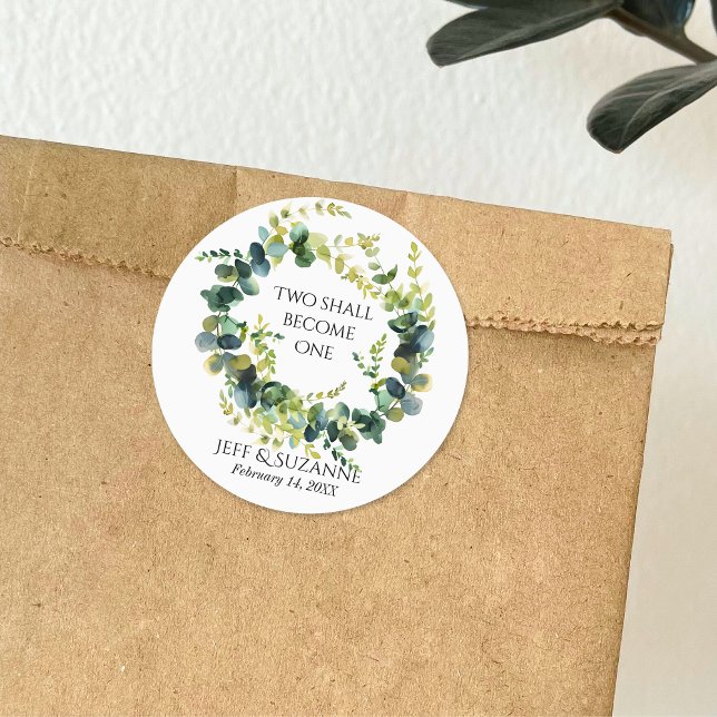 Eukalyptus floraler Wreath Two wird eine Hochzeit Runder Aufkleber (Eucalyptus Floral Wreath Two Become One Wedding Classic Round Sticker)