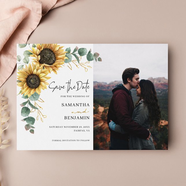 Eukalyptus florales Foto Hochzeit Save The Date (Floral Sunflower Script Photo Wedding Save the Date Announcement)