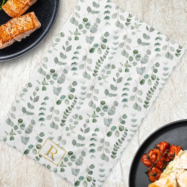Eukalyptus florales Monogramm-Watercolor-Muster Geschirrtuch (In situ Kitchen Table)