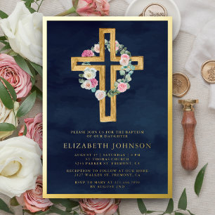 Eukalyptus florales Wood Cross Taufe Navy Gold Folieneinladung