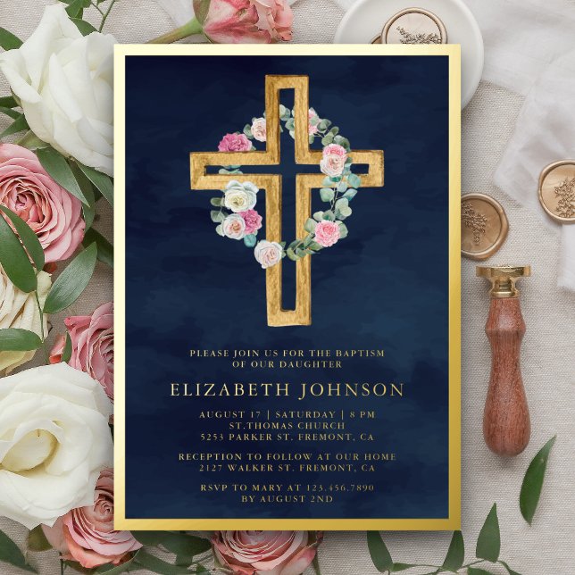 Eukalyptus florales Wood Cross Taufe Navy Gold Folieneinladung (Von Creator hochgeladen)