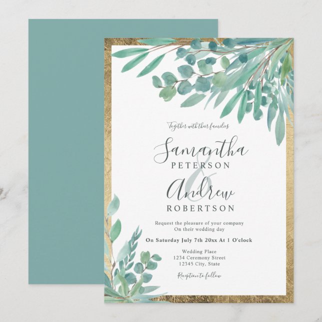 Eukalyptus floralfarbenes Goldhochzeit Einladung (Vorne/Hinten)