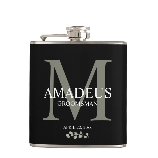 Eukalyptus Florals Monogram Groom Flachmann (Vorderseite)