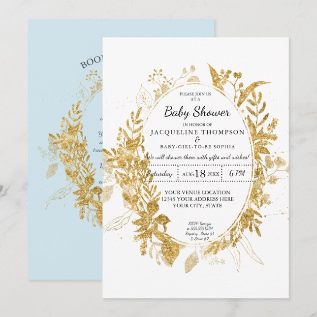 Eukalyptus Foliage Boy Baby Blue w Gold Einladung (Vorne/Hinten)