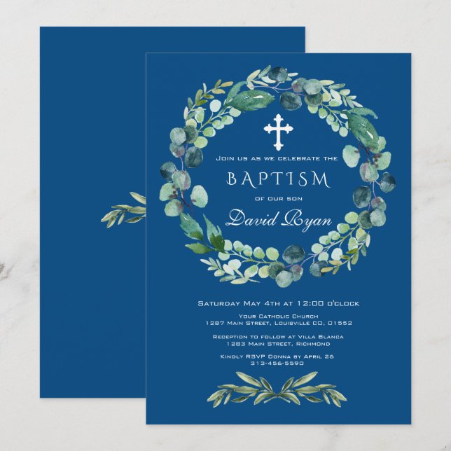 Eukalyptus Foliage Classic Blue Boy Baptisse Einladung (Vorne/Hinten)