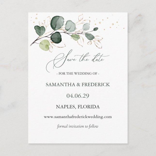 Eukalyptus Foliage Gold-Blätter Save the Date Postkarte (Vorderseite)