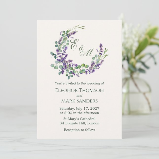 Eukalyptus Foliage Lavender Blume Hochzeit Einladung (Stehend Vorderseite)