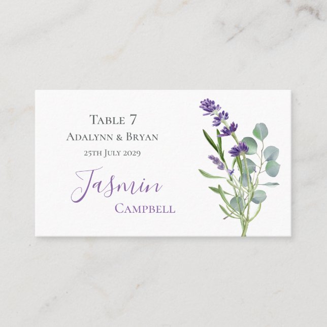 Eukalyptus Foliage Lavender Blume Hochzeit Platzkarte (Vorderseite)