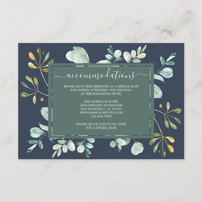 Eukalyptus Foliage Navy Botanische Hochzeit Begleitkarte (Vorderseite)