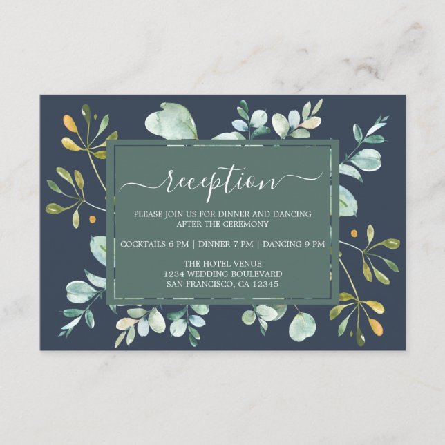 Eukalyptus Foliage Navy Botanische Hochzeit Begleitkarte (Vorderseite)