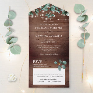 Eukalyptus Foliage Rustic Lights Wood Wedding All In One Einladung
