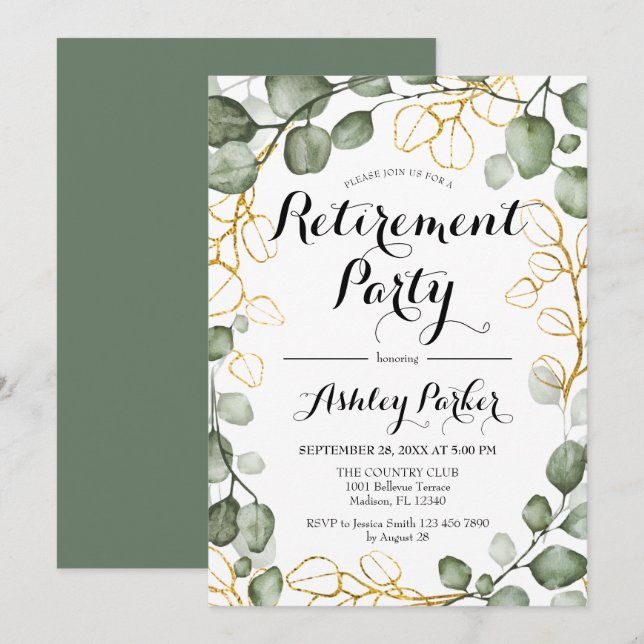 Eukalyptus Foliage Wreath Rentirement Party Einladung (Vorne/Hinten)