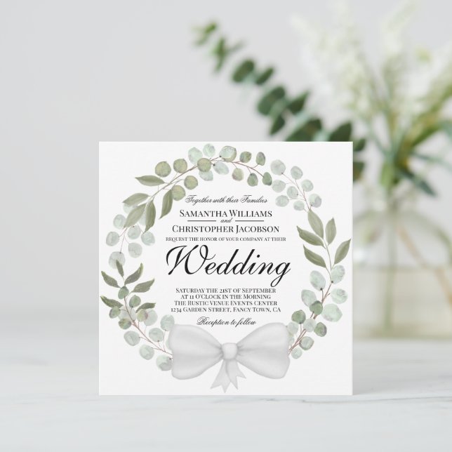 Eukalyptus & Foliage Wreath Wedding Einladung (Stehend Vorderseite)