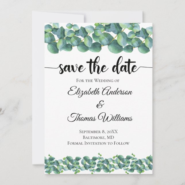 Eukalyptus Formal Elegant Save the Date Einladung (Vorderseite)