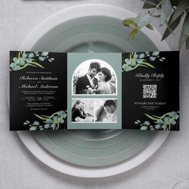 Eukalyptus Foto Collage QR Code Black Wedding Dreifach Gefaltete Einladung (Von Creator hochgeladen)