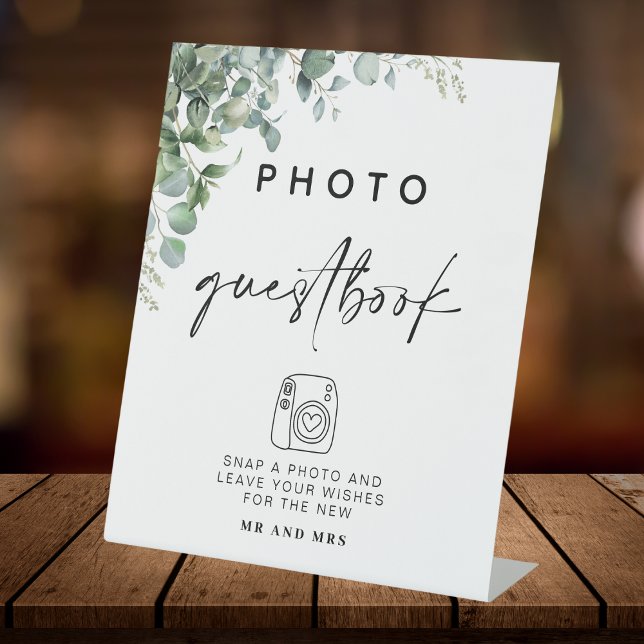 Eukalyptus Foto Guestbook | Modernes Hochzeitszeic Sockelschild (Von Creator hochgeladen)