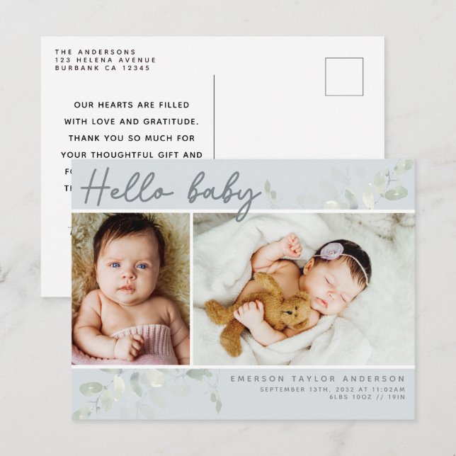 Eukalyptus Foto Hallo Baby Ankündigung Postkarte (Vorne/Hinten)