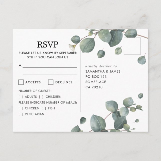 Eukalyptus-Foto Hochzeit RSVP Postkarte (Vorderseite)