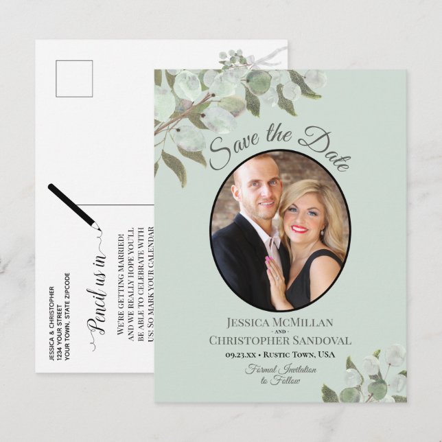 Eukalyptus & Foto-Minze-Hochzeit Sichern Sie das D Ankündigungspostkarte (Vorne/Hinten)