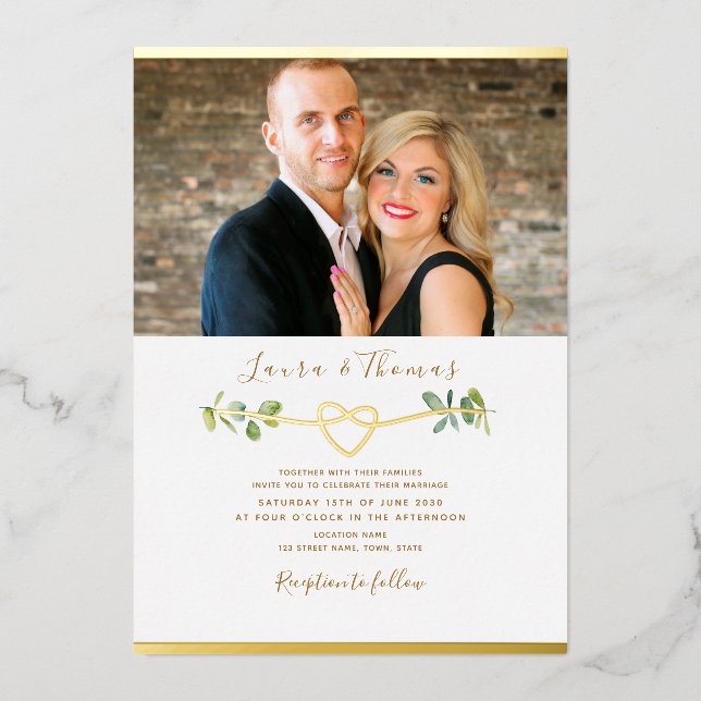 Eukalyptus-Foto Wedding Gold Folieneinladung (Vorderseite)