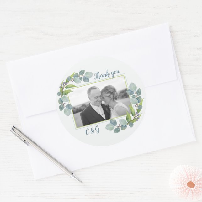 Eukalyptus Foto Wedding Vielen Dank Runder Aufkleber (Umschlag)