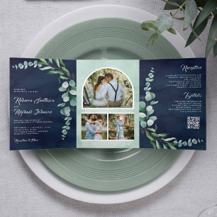 Eukalyptus-Fotocollage QR-Code Marineblau Hochzeit Dreifach Gefaltete Einladung