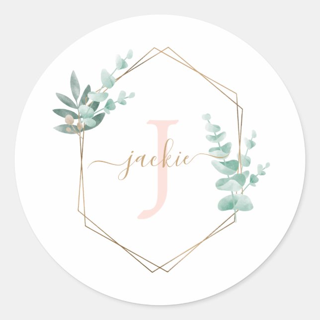 Eukalyptus-Frame-Monogramm Runder Aufkleber (Vorderseite)