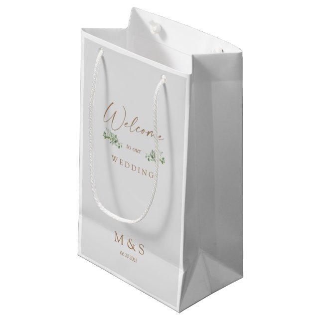 Eukalyptus-Gastgeschenk Hochzeit Gray & Gold Kleine Geschenktüte (Vorderseite Schrägansicht)
