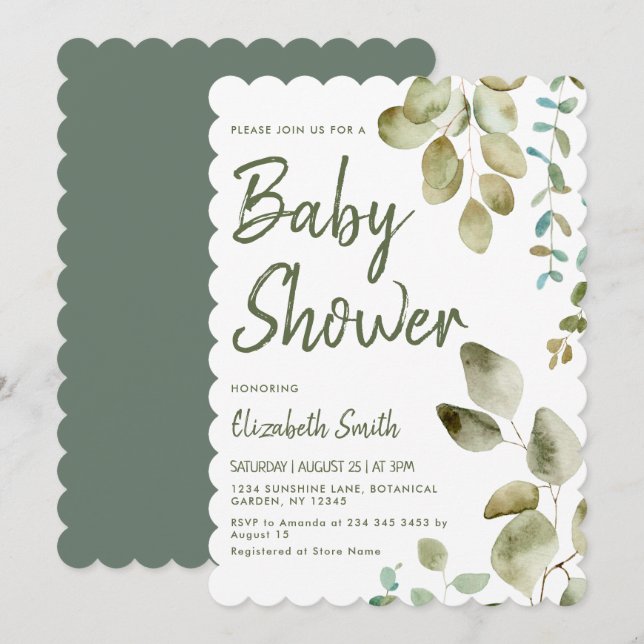 Eukalyptus Gender Neutral Baby Dusche Einladung (Vorne/Hinten)