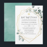 Eukalyptus Geometric Bat Mitzvah Einladung<br><div class="desc">Trendy Aquarell Eukalyptus Silber Dollar Fledermaus Mitzvah Einladung mit goldenem geometrischem Rahmen.</div>