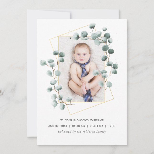 Eukalyptus Geometric Birth Announcement Foto Card Ankündigung (Vorderseite)