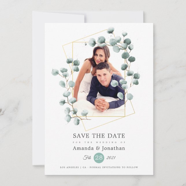 Eukalyptus Geometric Foto Wedding Save The Date (Vorderseite)