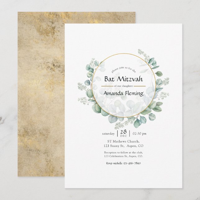Eukalyptus Geometric Gold Bat Mitzvah Einladung (Vorne/Hinten)