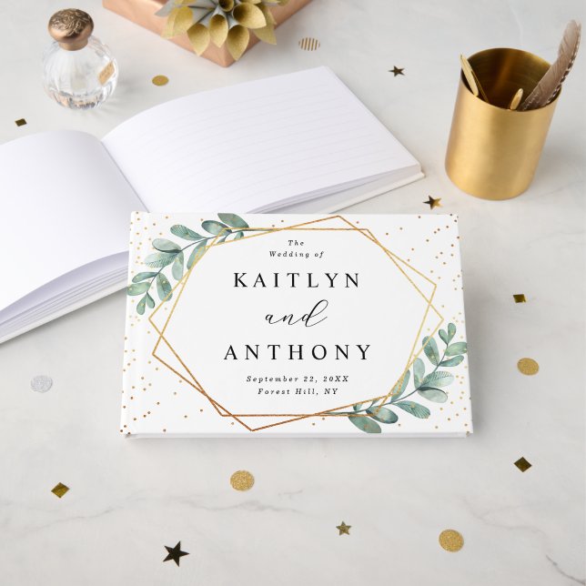Eukalyptus Geometric Gold Foil Wedding Gästebuch (Vorderseite Offen)