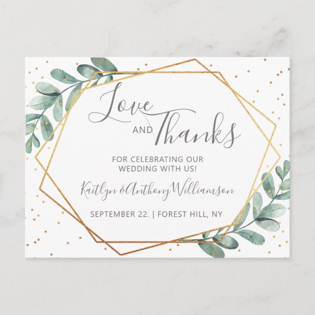 Eukalyptus Geometric Gold Foil Wedding Vielen Dank Ankündigungspostkarte (Vorderseite)