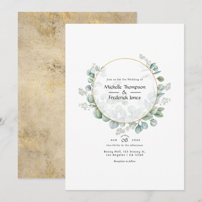 Eukalyptus Geometric Gold Wedding Einladung (Vorne/Hinten)