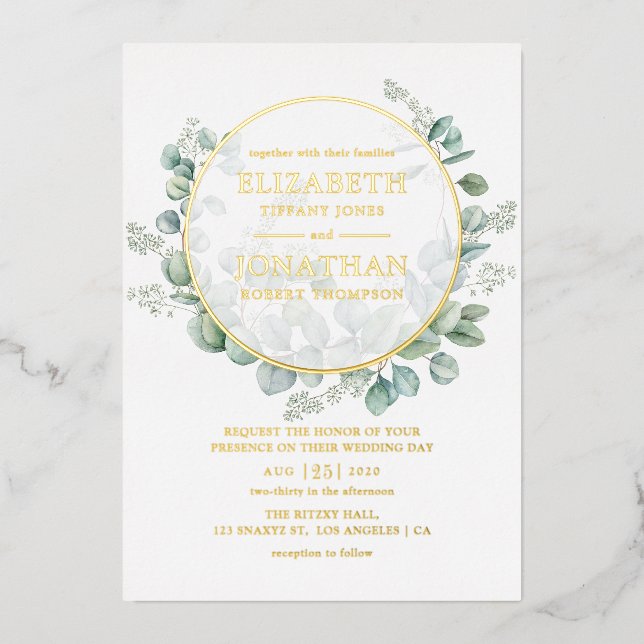 Eukalyptus Geometric Gold Wedding Folieneinladung (Vorderseite)