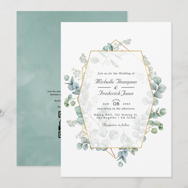 Eukalyptus Geometric QR Code Wedding Einladung (Vorne/Hinten)
