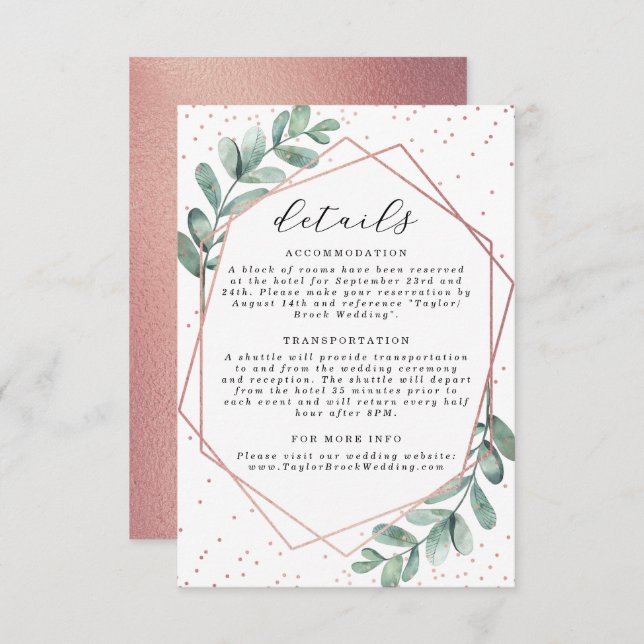 Eukalyptus Geometric Rose Gold Foil Wedding Begleitkarte (Vorne/Hinten)