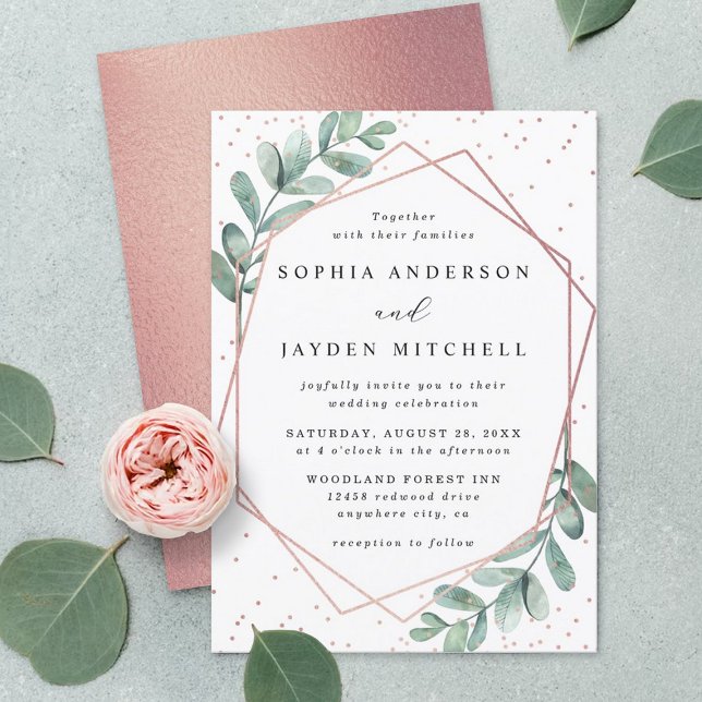 Eukalyptus Geometric Rose Gold Foil Wedding Einladung (Von Creator hochgeladen)