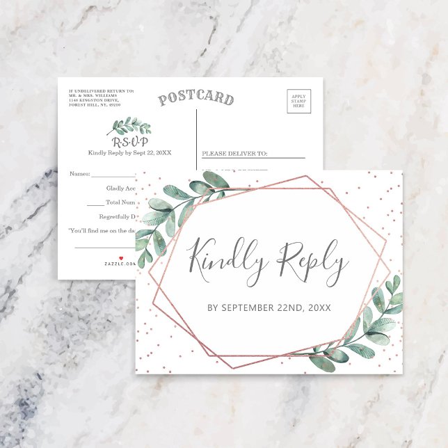 Eukalyptus Geometric Rose Gold Foil Wedding RSVP Ankündigungspostkarte (Von Creator hochgeladen)