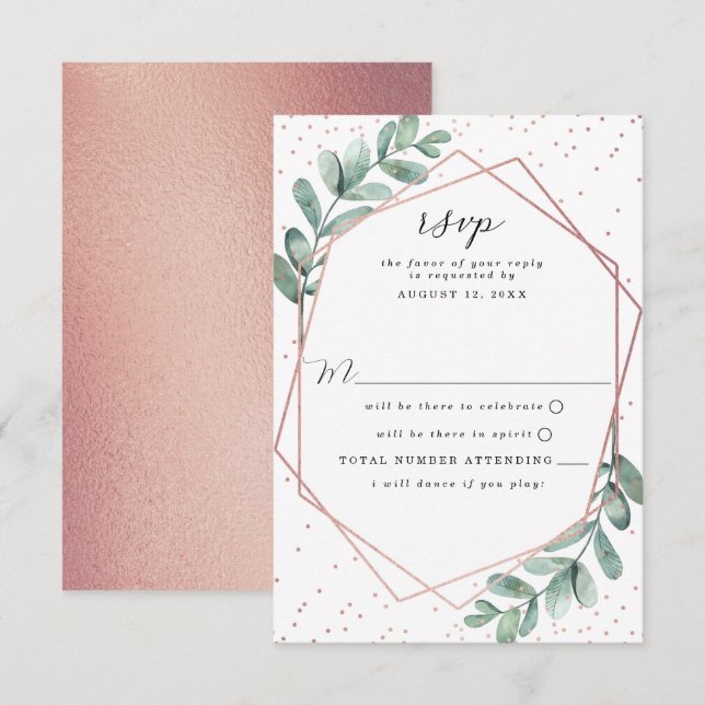 Eukalyptus Geometric Rose Gold Foil Wedding RSVP Karte (Vorne/Hinten)