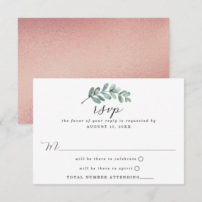 Eukalyptus Geometric Rose Gold Foil Wedding RSVP Karte (Vorne/Hinten)
