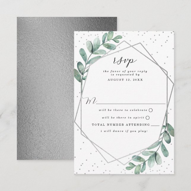 Eukalyptus Geometric Silver Foil Wedding RSVP Karte (Vorne/Hinten)