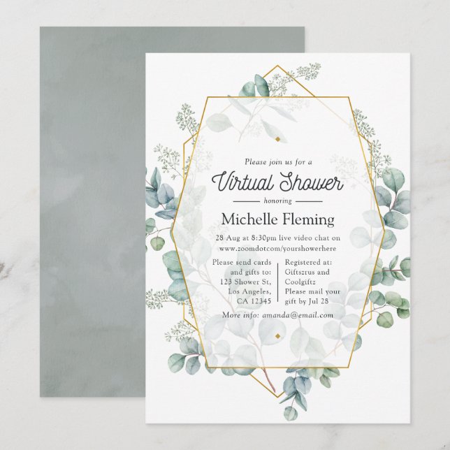 Eukalyptus Geometric Virtual Baby Dusche Einladung (Vorne/Hinten)